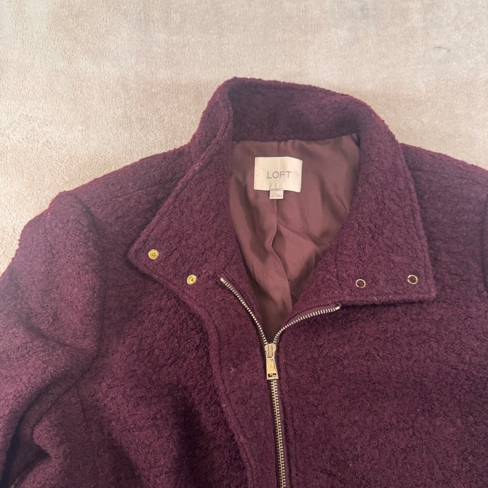 LOFT Burgundy Boucle Long Coat Gold Hardware Funnel Neck Fall Jacket SZ L - Picture 10 of 14